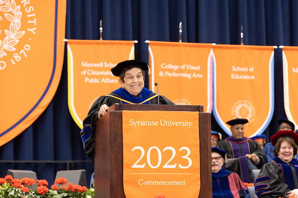 Donna E. Shalala G’70, H’87 delivers the keynote address during Syracuse University’s 2024 Commencement on Sunday, May 12, in the JMA Wireless Dome